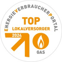 Ein rundes Logo des Energieverbraucherportals, das den Titel "Top Lokalversorger 2024" in großen, auffälligen Buchstaben zeigt. Unterhalb der Jahreszahl 2024 befindet ein Symbol für Gas in Form einer Flamme.