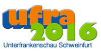 Logo der Unterfrankenschau Schweinfurt 2016, bestehend aus bunten Schriftzügen "ufra" und "2016", darunter der Text "Unterfrankenschau Schweinfurt".