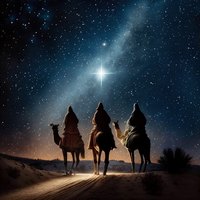 Die Heiligen drei Könige, darunter ein Kamel, stehen in einer Wüstenlandschaft unter einem sternenklaren Himmel. Ein heller Stern leuchtet über ihnen und deutet auf einen wichtigen Ort hin. Die Atmosphäre ist mystisch und symbolisch für eine Reise oder eine Suche.