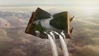 Ein aufgeschlagenes Buch schwebt in der Luft, aus dessen Innenteil Wasserfälle strömen. Im Hintergrund sind ein grüner See und bewaldete Hügel sichtbar. Farbiges Heißluftballonfahren findet ebenfalls in der Ferne statt. Die Szene vermittelt ein Gefühl von Fantasie und natürlicher Schönheit.