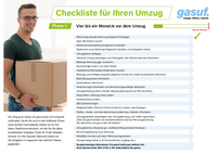 Umzugscheckliste mit allen wichtigen Aufgaben vor, während und nach dem Umzug, gegliedert in vier Phasen und mit Kontrollkästchen zum Abhaken.
